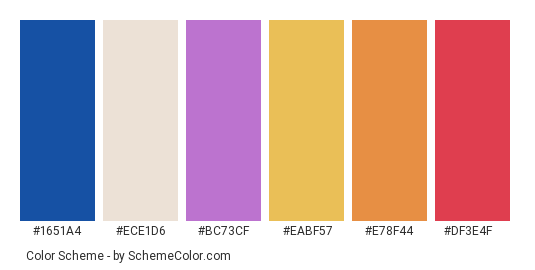 Fireworks Blast - Color scheme palette thumbnail - #1651a4 #ece1d6 #bc73cf #eabf57 #e78f44 #df3e4f 