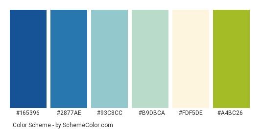 Island Paradise - Color scheme palette thumbnail - #165396 #2877ae #93c8cc #b9dbca #fdf5de #a4bc26 