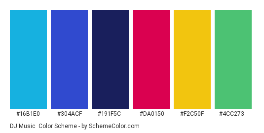 DJ Music - Color scheme palette thumbnail - #16B1E0 #304ACF #191F5C #DA0150 #F2C50F #4CC273 