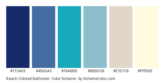 Beach Colored Bathroom - Color scheme palette thumbnail - #172A69 #456DA3 #18A8BB #8BBDCB #E1D7C8 #FFFBDE 