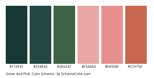 Green and Pink - Color scheme palette thumbnail - #173935 #234843 #3d6347 #e9a8a5 #e8908f #c76750 