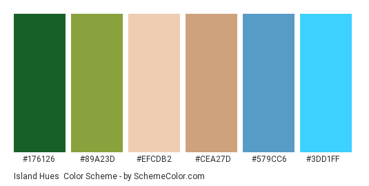 Island Hues - Color scheme palette thumbnail - #176126 #89A23D #EFCDB2 #CEA27D #579CC6 #3DD1FF 