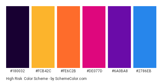 High Risk - Color scheme palette thumbnail - #180032 #FCB42C #FE6C2B #DE077D #6A0BA8 #2786EB 