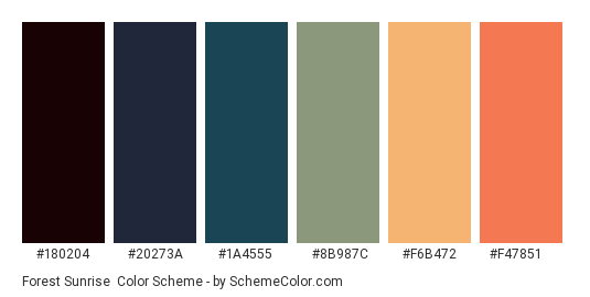 Forest Sunrise - Color scheme palette thumbnail - #180204 #20273A #1A4555 #8B987C #F6B472 #F47851 