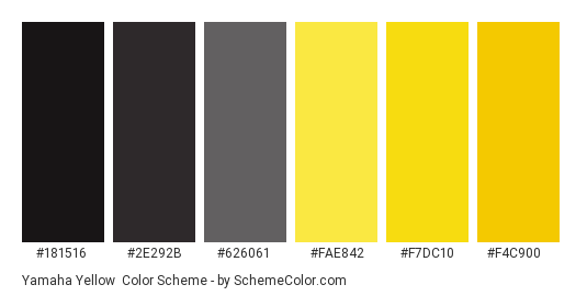 Yamaha Yellow - Color scheme palette thumbnail - #181516 #2e292b #626061 #fae842 #f7dc10 #f4c900 