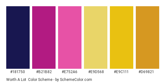Worth a Lot - Color scheme palette thumbnail - #181750 #B21B82 #E752A6 #E9D568 #E9C111 #D69821 