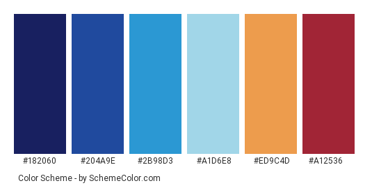 Blue Speed Thrills - Color scheme palette thumbnail - #182060 #204a9e #2b98d3 #a1d6e8 #ed9c4d #a12536 