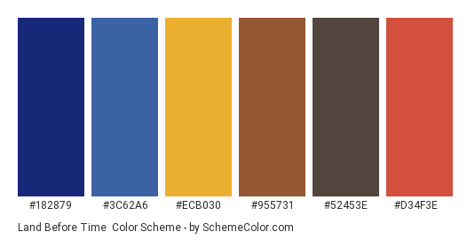 Land Before Time - Color scheme palette thumbnail - #182879 #3c62a6 #ecb030 #955731 #52453e #d34f3e 