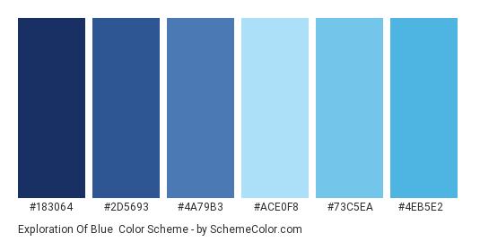 Exploration of Blue - Color scheme palette thumbnail - #183064 #2d5693 #4a79b3 #ace0f8 #73c5ea #4eb5e2 