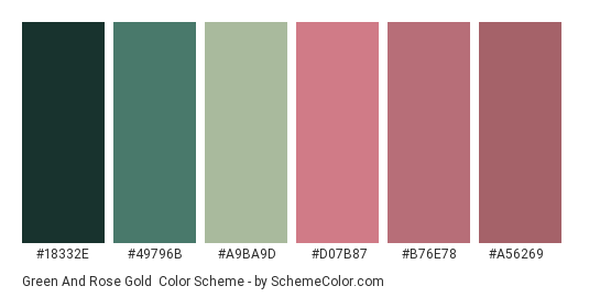 Green and Rose Gold - Color scheme palette thumbnail - #18332E #49796B #A9BA9D #D07B87 #B76E78 #A56269 