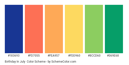 Birthday in July - Color scheme palette thumbnail - #183693 #fd7055 #fea957 #fdd960 #8ccd60 #069e68 