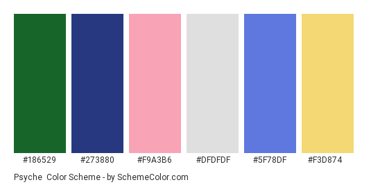 Psyche - Color scheme palette thumbnail - #186529 #273880 #f9a3b6 #dfdfdf #5f78df #f3d874 