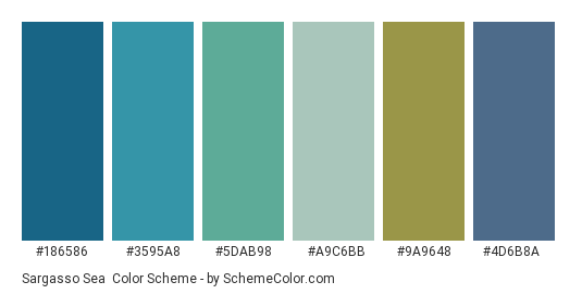 Sargasso Sea - Color scheme palette thumbnail - #186586 #3595a8 #5dab98 #a9c6bb #9a9648 #4d6b8a 
