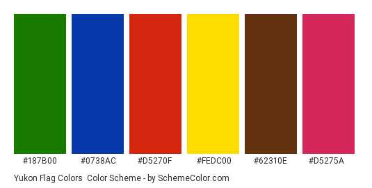 Yukon Flag Colors - Color scheme palette thumbnail - #187b00 #0738ac #d5270f #fedc00 #62310e #d5275a 