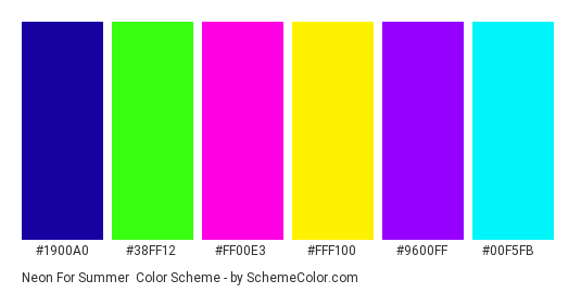 Neon for Summer - Color scheme palette thumbnail - #1900a0 #38ff12 #ff00e3 #fff100 #9600ff #00f5fb 
