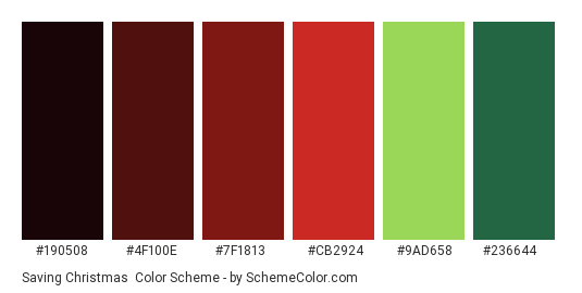 Saving Christmas - Color scheme palette thumbnail - #190508 #4F100E #7F1813 #CB2924 #9AD658 #236644 