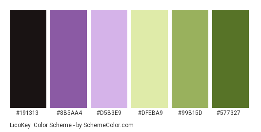 LicoKey - Color scheme palette thumbnail - #191313 #8b5aa4 #d5b3e9 #dfeba9 #99b15d #577327 