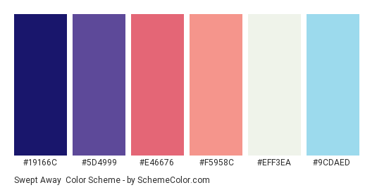 Swept Away - Color scheme palette thumbnail - #19166c #5d4999 #e46676 #f5958c #eff3ea #9cdaed 