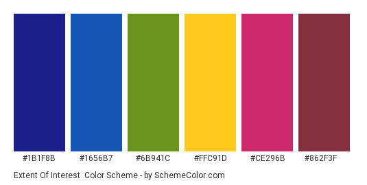 Extent of Interest - Color scheme palette thumbnail - #1B1F8B #1656B7 #6B941C #FFC91D #CE296B #862F3F 