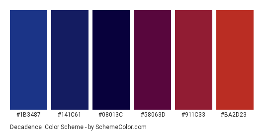 Decadence - Color scheme palette thumbnail - #1B3487 #141C61 #08013C #58063D #911C33 #BA2D23 