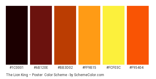 The Lion King – Poster - Color scheme palette thumbnail - #1C0001 #6B120E #BB3D02 #FF9B15 #FCF03C #F95404 
