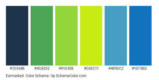 Earmarked - Color scheme palette thumbnail - #1D344B #4CA552 #91D43B #C6EC11 #489dc2 #1073bd 