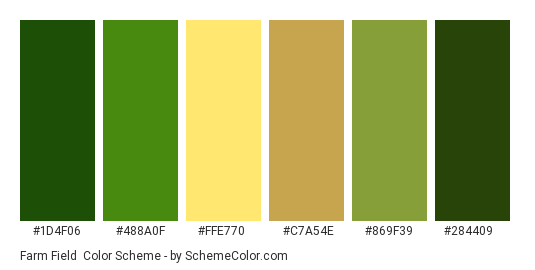 Farm Field - Color scheme palette thumbnail - #1D4F06 #488A0F #FFE770 #C7A54E #869F39 #284409 