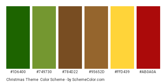 Christmas Theme - Color scheme palette thumbnail - #1D6400 #749730 #784D22 #95652D #ffd439 #AB0A0A 