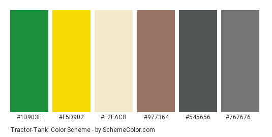 Tractor-Tank - Color scheme palette thumbnail - #1D903E #F5D902 #F2EACB #977364 #545656 #767676 