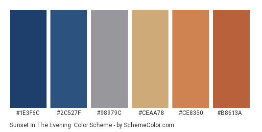 Sunset In The Evening - Color scheme palette thumbnail - #1E3F6C #2C527F #98979C #CEAA78 #CE8350 #B8613A 
