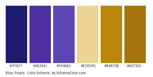 Blue, Purple & Gold - Color scheme palette thumbnail - #1F1B71 #4E30A1 #5946B2 #ECD595 #B8870B #A5730C 