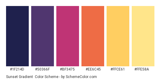 Sunset Gradient - Color scheme palette thumbnail - #1F214D #50366F #BF3475 #EE6C45 #FFCE61 #FFE58A 