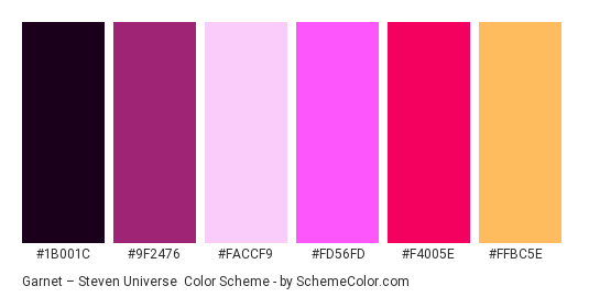 Garnet – Steven Universe - Color scheme palette thumbnail - #1b001c #9f2476 #faccf9 #fd56fd #f4005e #ffbc5e 