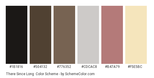 There Since Long - Color scheme palette thumbnail - #1b1816 #504132 #776352 #cdcac8 #b47a79 #f5e5bc 