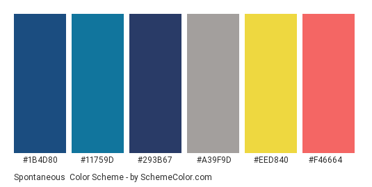 Spontaneous - Color scheme palette thumbnail - #1b4d80 #11759d #293b67 #a39f9d #eed840 #f46664 