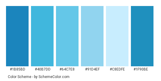 Blue Lamp of Longing - Color scheme palette thumbnail - #1b85bd #40b7dd #64c7e8 #91d4ef #c8edfe #1f90be 