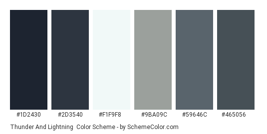 Thunder and Lightning - Color scheme palette thumbnail - #1d2430 #2d3540 #f1f9f8 #9ba09c #59646c #465056 