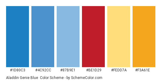 Aladdin Genie Blue - Color scheme palette thumbnail - #1d80c3 #4c92cc #87b9e1 #be1d29 #fedd7a #f3a61e 