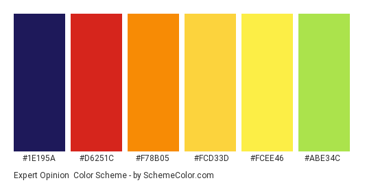 Expert Opinion - Color scheme palette thumbnail - #1e195a #D6251C #F78B05 #FCD33D #FCEE46 #ABE34C 