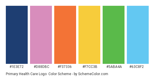 Primary Health Care Logo - Color scheme palette thumbnail - #1e3e72 #d88dbc #f37336 #f7cc3b #5aba4a #63c8f2 