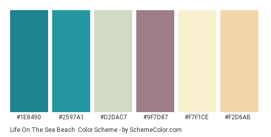 Life on the Sea Beach - Color scheme palette thumbnail - #1e8490 #2597a1 #d2dac7 #9f7d87 #f7f1ce #f2d6ab 