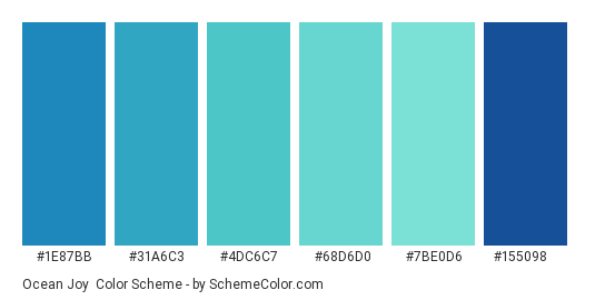 Ocean Joy - Color scheme palette thumbnail - #1e87bb #31a6c3 #4dc6c7 #68d6d0 #7be0d6 #155098 