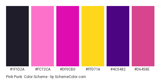 Pink Punk - Color scheme palette thumbnail - #1f1d2a #fc72ca #df0cb0 #ffd71a #4c0482 #d6458e 
