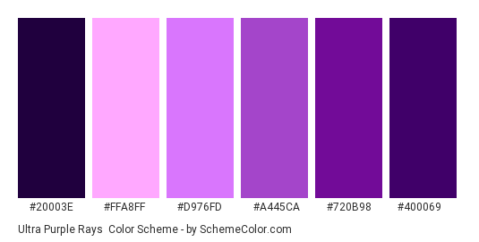 Ultra Purple Rays - Color scheme palette thumbnail - #20003E #FFA8FF #D976FD #A445CA #720B98 #400069 