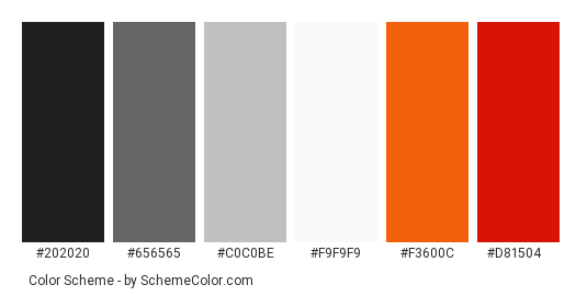 Was I Ugly - Color scheme palette thumbnail - #202020 #656565 #c0c0be #f9f9f9 #f3600c #d81504 