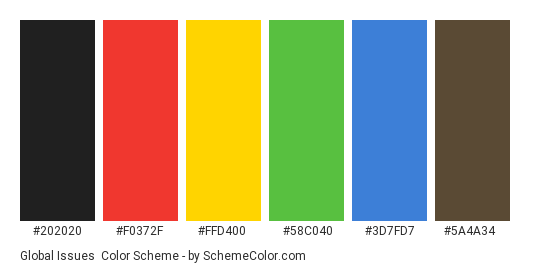 Global Issues - Color scheme palette thumbnail - #202020 #f0372f #ffd400 #58c040 #3d7fd7 #5a4a34 