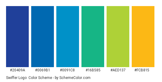 Swiffer Logo - Color scheme palette thumbnail - #20409a #0069b1 #0091c8 #16b585 #aed137 #fcb815 