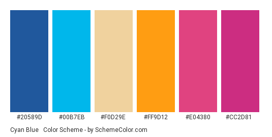 Cyan Blue & Magenta - Color scheme palette thumbnail - #20589D #00B7EB #F0D29E #FF9D12 #E04380 #CC2D81 