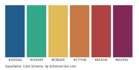 Superlative - Color scheme palette thumbnail - #205d8a #33a989 #e3ba58 #c77946 #af4242 #802956 