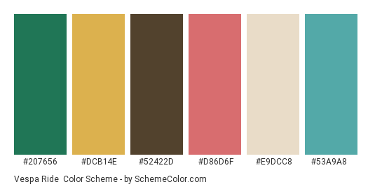 Vespa Ride - Color scheme palette thumbnail - #207656 #DCB14E #52422D #D86D6F #E9DCC8 #53A9A8 